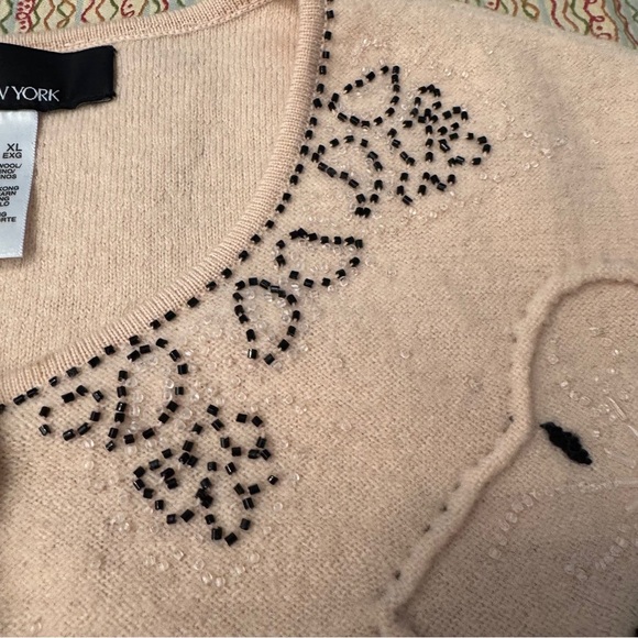 Jones New York Boiled Wool Blush Pink Cardigan Blk Buttons Blk Clear Beads Sz XL - Picture 11 of 15